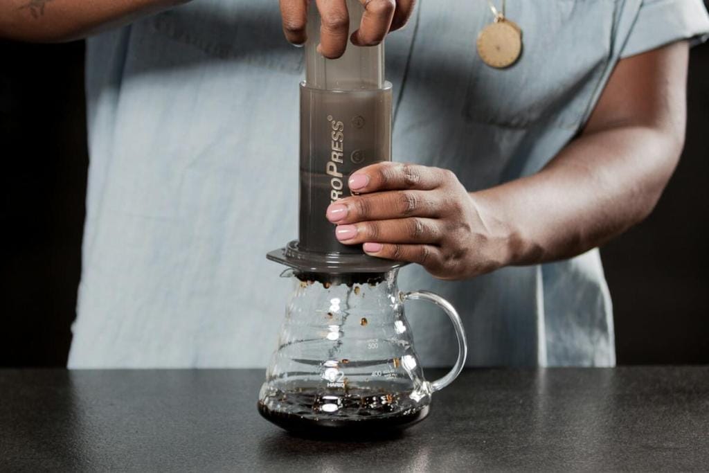 barista brewing coffee from an aeropress